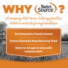 Why NutriSource? 3rd Generation Family owned, owner/operated manufacturing plant, diets for all ages & sizes with targeted diets.