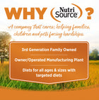 Why NutriSource? 3rd Generation Family owned, owner/operated manufacturing plant, diets for all ages & sizes with targeted diets.