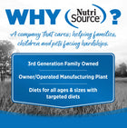 Why NutriSource? 3rd Generation Family owned, owner/operated manufacturing plant, diets for all ages & sizes with targeted diets.