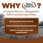 Why NutriSource? 3rd Generation Family owned, owner/operated manufacturing plant, diets for all ages & sizes with targeted diets.