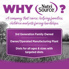 Why NutriSource? 3rd Generation Family owned, owner/operated manufacturing plant, diets for all ages & sizes with targeted diets.