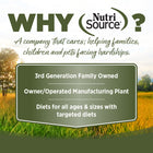 Why Nutrisource? 3rd Generation family owned, owner/operated manufacturing plant, diets for all ages & sizes with targeted diets.