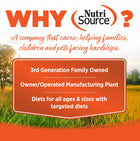 Why NutriSource? 3rd Generation Family owned, owner/operated manufacturing plant, diets for all ages & sizes with targeted diets.