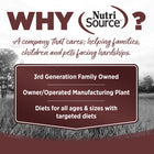 Why NutriSource? 3rd Generation Family owned, owner/operated manufacturing plant, diets for all ages & sizes with targeted diets.