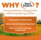 Why NutriSource? 3rd Generation Family owned, owner/operated manufacturing plant, diets for all ages & sizes with targeted diets.