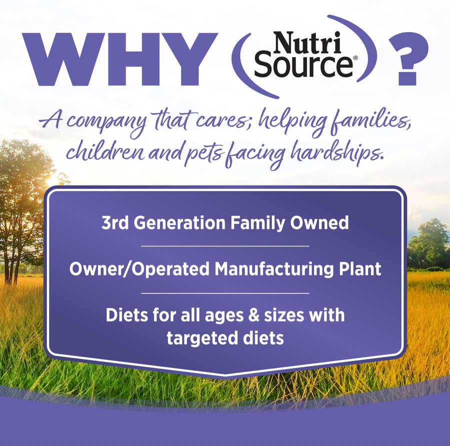 Why NutriSource? 3rd Generation Family owned, owner/operated manufacturing plant, diets for all ages & sizes with targeted diets.
