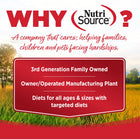 Why NutriSource? 3rd Generation Family owned, owner/operated manufacturing plant, diets for all ages & sizes with targeted diets.
