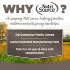 Why NutriSource? 3rd Generation Family owned, owner/operated manufacturing plant, diets for all ages & sizes with targeted diets.