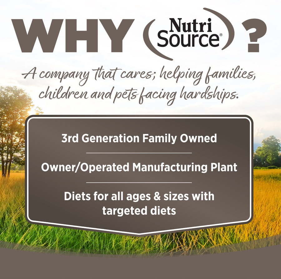Why NutriSource? 3rd Generation Family owned, owner/operated manufacturing plant, diets for all ages & sizes with targeted diets.