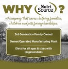 Why NutriSource? 3rd Generation Family owned, owner/operated manufacturing plant, diets for all ages & sizes with targeted diets.