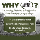 Why NutriSource? 3rd Generation Family owned, owner/operated manufacturing plant, diets for all ages & sizes with targeted diets.