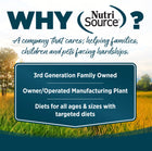 Why NutriSource? 3rd Generation Family owned, owner/operated manufacturing plant, diets for all ages & sizes with targeted diets.
