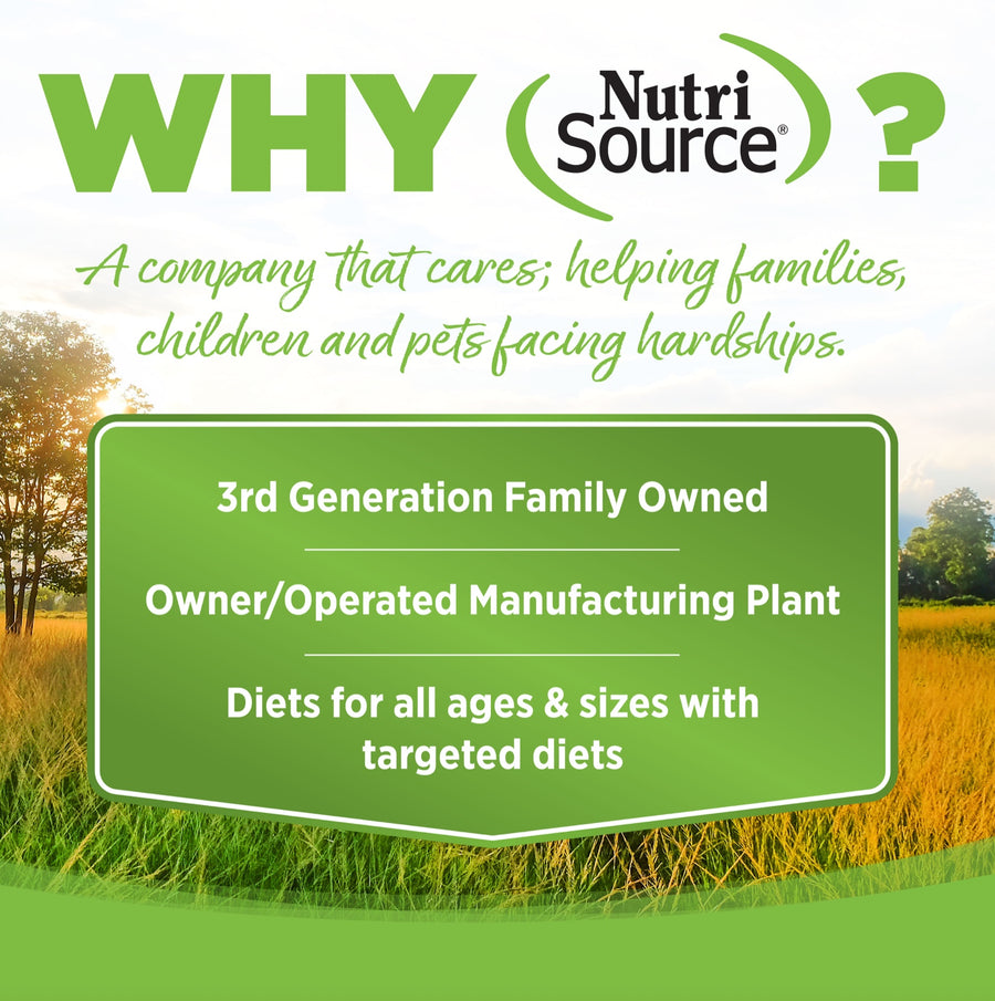 Why NutriSource? 3rd Generation Family owned, owner/operated manufacturing plant, diets for all ages & sizes with targeted diets.
