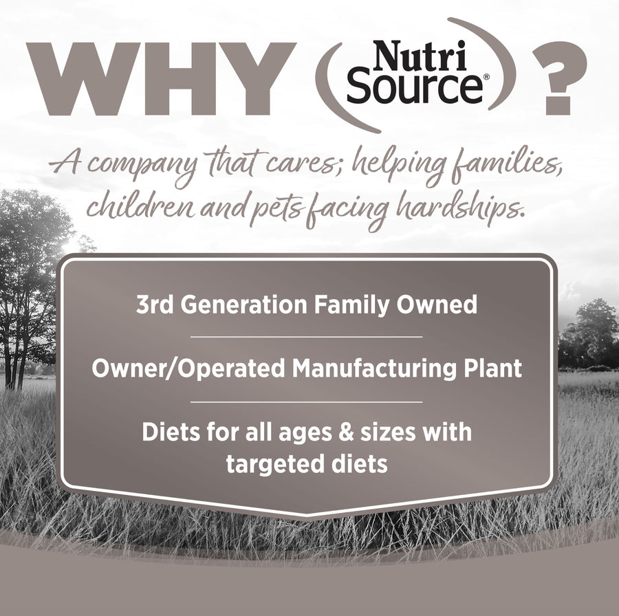 Why NutriSource? 3rd Generation Family owned, owner/operated manufacturing plant, diets for all ages & sizes with targeted diets.
