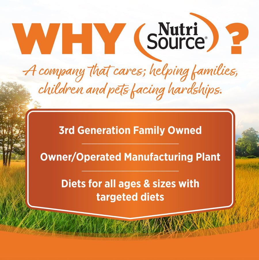 Why Nutrisource? 3rd Generation family owned, owner/operated manufacturing plant, diets for all ages & sizes with targeted diets