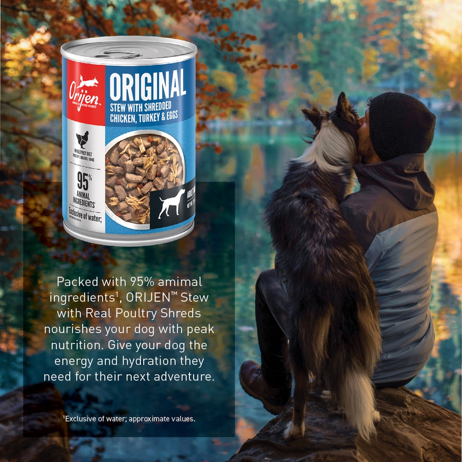 Packed with 95% animal ingredients, ORIJEN Stew with Real Meat Shreds nourishes your dog with peak nutrition. Give your dog the energy and hydration they need for their next adventure.