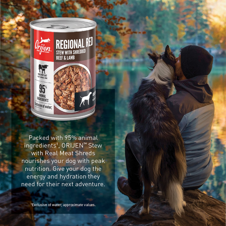 Packed with 95% animal ingredients, ORIJEN Stew with Real Meat Shreds nourishes your dog with peak nutrition. Give your dog the energy and hydration they need for their next adventure.