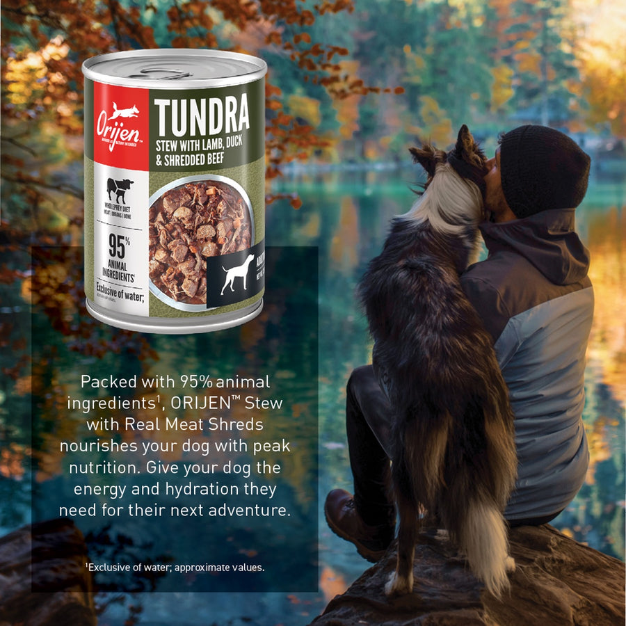 Packed with 95% animal ingredients, ORIJEN Stew with Real Meat Shreds nourishes your dog with peak nutrition. Give your dog the energy and hydration they need for their next adventure.