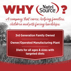 Why NutriSource? 3rd Generation Family owned, owner/operated manufacturing plant, diets for all ages & sizes with targeted diets.