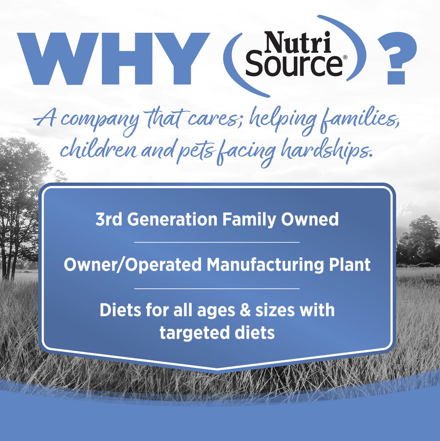 Why NutriSource? 3rd Generation Family owned, owner/operated manufacturing plant, diets for all ages & sizes with targeted diets.