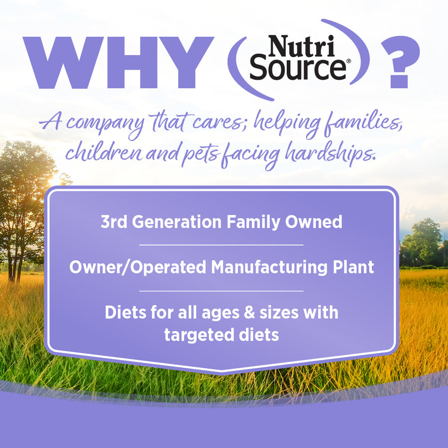 Why NutriSource? 3rd Generation Family owned, owner/operated manufacturing plant, diets for all ages & sizes with targeted diets.
