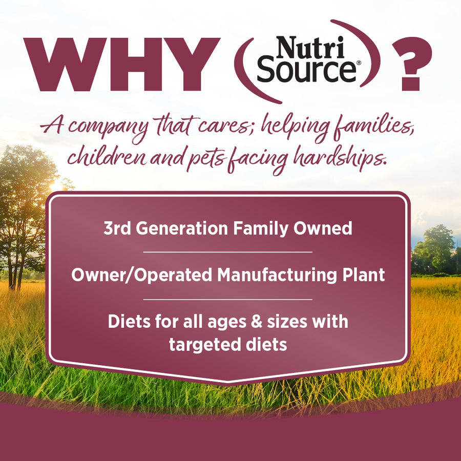 Why NutriSource? 3rd Generation Family owned, owner/operated manufacturing plant, diets for all ages & sizes with targeted diets.
