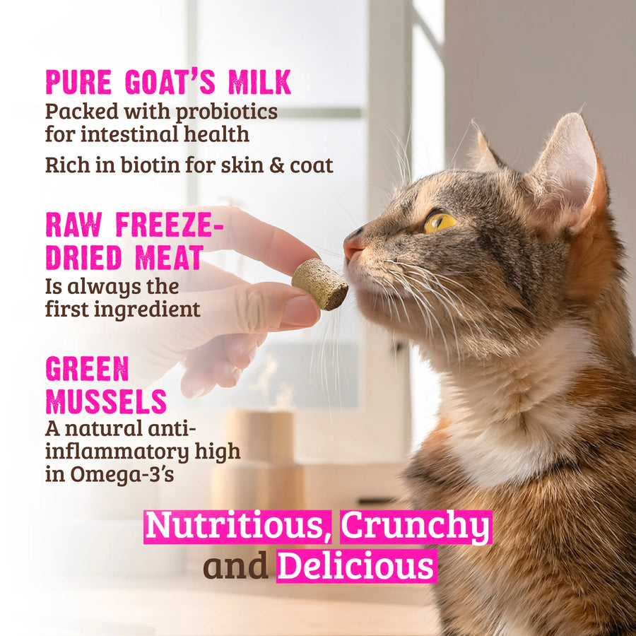Nutritious, Crunchy and Delicious
*Pure Goat's Milk
*Raw Freeze-Dried Meat
*Green Mussels