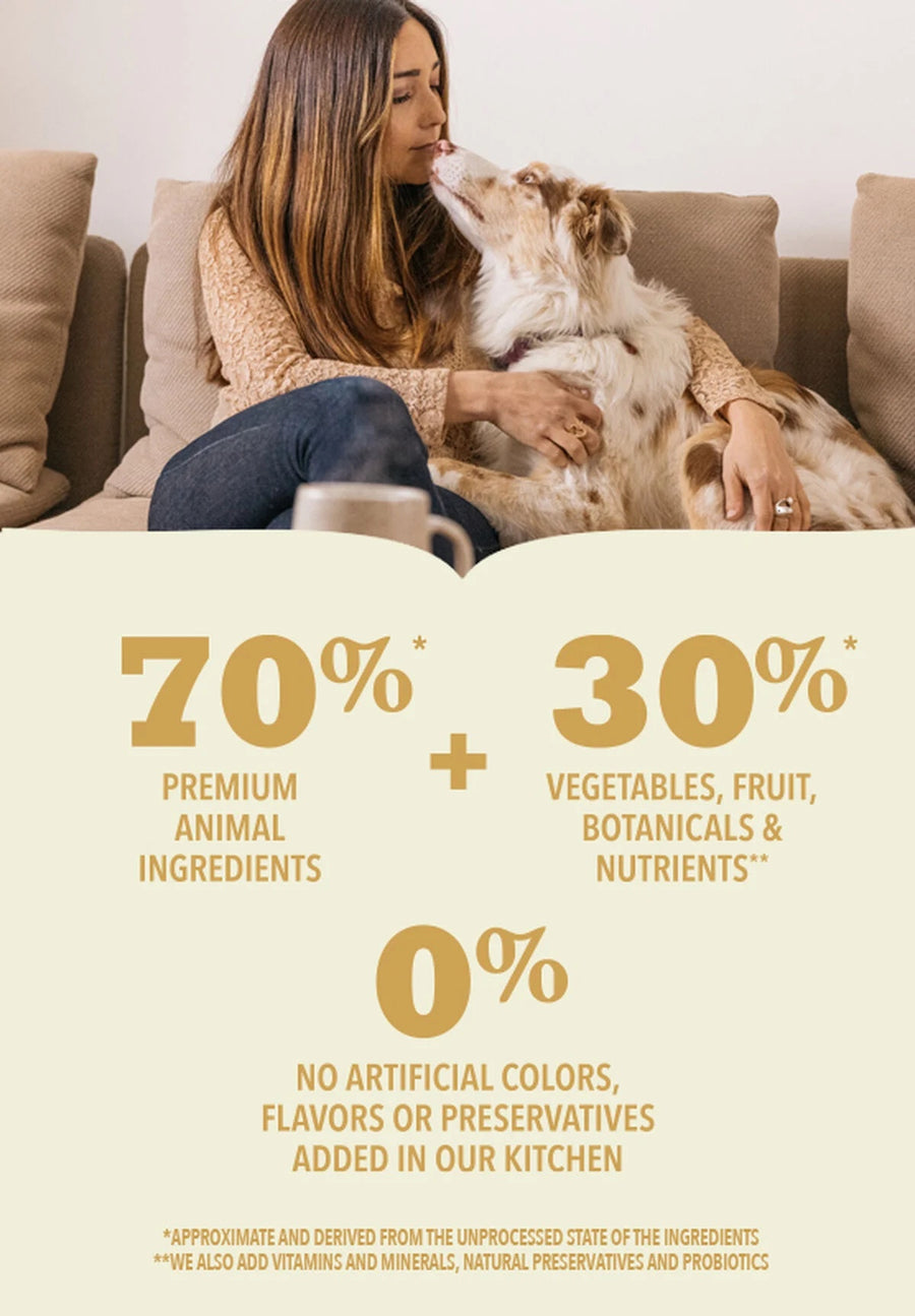 * 70% Premium Animal Ingredients
* 30% Vegetables, Fruits & Nutrients
* 0% No Artificial Flavors, Colors or Preservatives