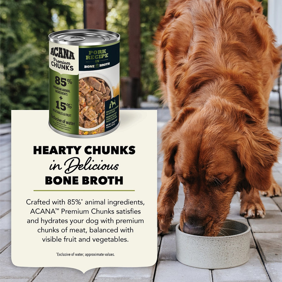 Crafted with 85% animal ingredients, Acana Premium Chunks satisfies and hydrates your dog with premium chunks of meat, balanced with visible fruit and vegetables.