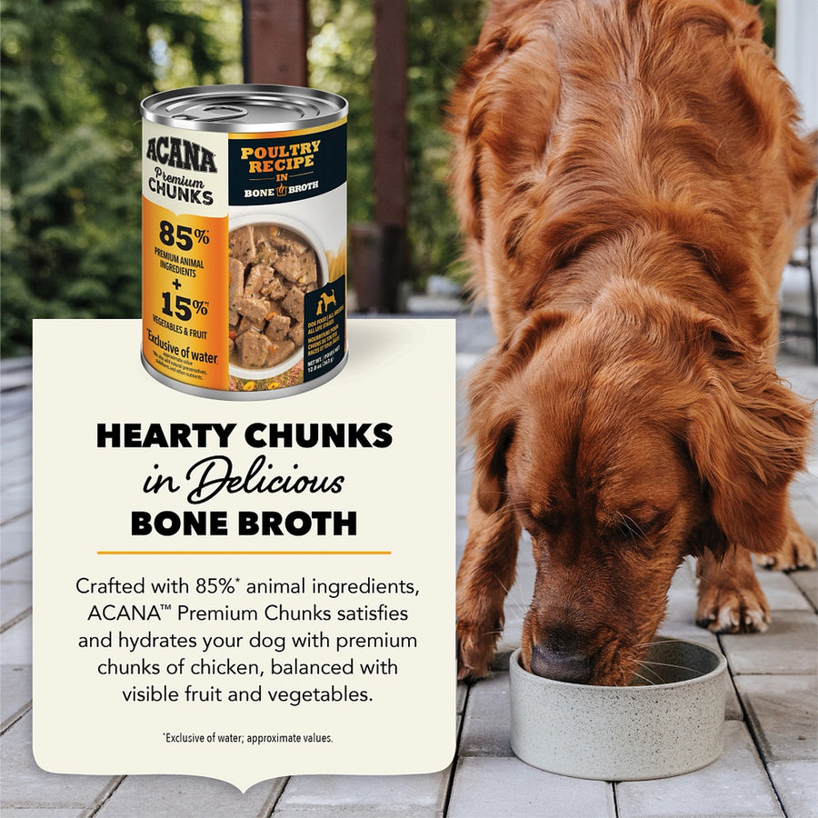 Crafted with 85% animal ingredients, Acana Premium Chunks satisfies and hydrates your dog with premium chunks of chicken, balanced with visible fruit and vegetables.