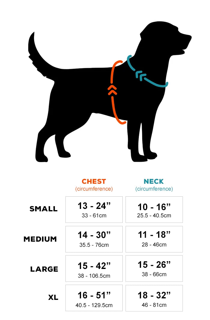 Wilderdog dog harness size chart showing chest and neck circumference measurements for Small, Medium, Large, and XL sizes.