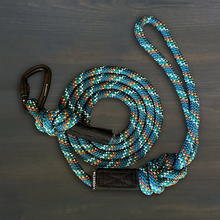 Wilderdog Small Reflective Carabiner Dog Leash in Pacific Blue coiled on dark wood surface, teal braided rope with multicolor speckle pattern, black Wilderdog carabiner clip, and black branded grip.