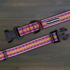 Wilderdog Daybreak ultralight dog collar laid flat on dark wood surface, showing pink webbing with bold magenta, gold, and teal chevron arrow woven pattern, Wilderdog logo patch, black D-ring, and quick-release buckle.