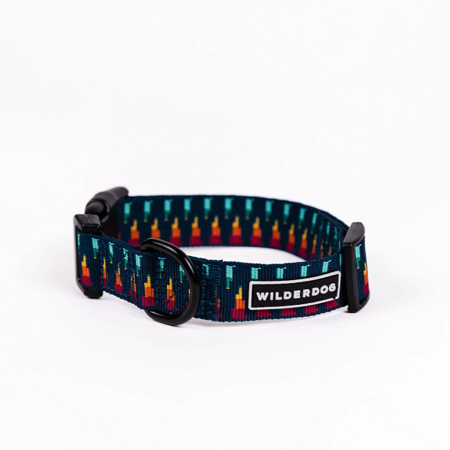 Wilderdog Marina ultralight dog collar looped on white background, showing navy webbing with teal, orange, yellow, and red geometric flame pattern, black D-ring, quick-release buckle, and Wilderdog logo patch.