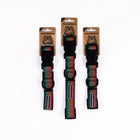 Three Wilderdog Trout ultralight dog collars in Small, Large, and Medium sizes displayed on branded kraft paper hang tags against a white background, showing black webbing with gradient rainbow trout scale pattern in red, orange, teal, and green.