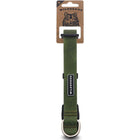 Wilderdog Olive waterproof dog collar in Medium size displayed on a branded kraft paper hang tag with wolf illustration, showing olive green coated webbing with topo map pattern, Wilderdog logo patch, black hardware, and silver D-ring.