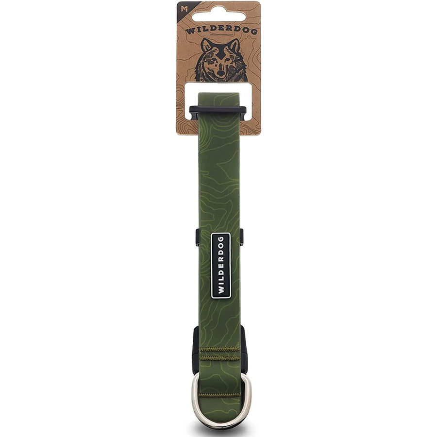 Wilderdog Olive waterproof dog collar in Medium size displayed on a branded kraft paper hang tag with wolf illustration, showing olive green coated webbing with topo map pattern, Wilderdog logo patch, black hardware, and silver D-ring.