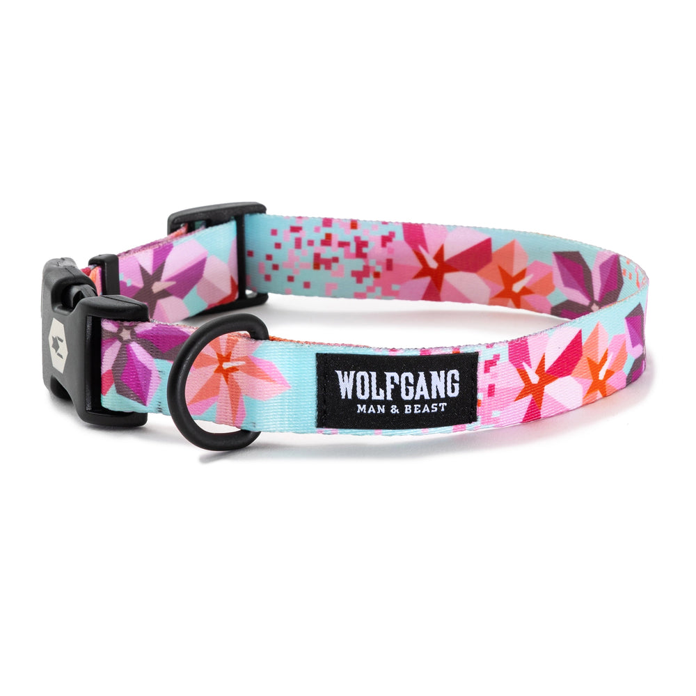 Wolfgang DigiFloral Adjustable Dog Collar, Pink and Blue in a white background