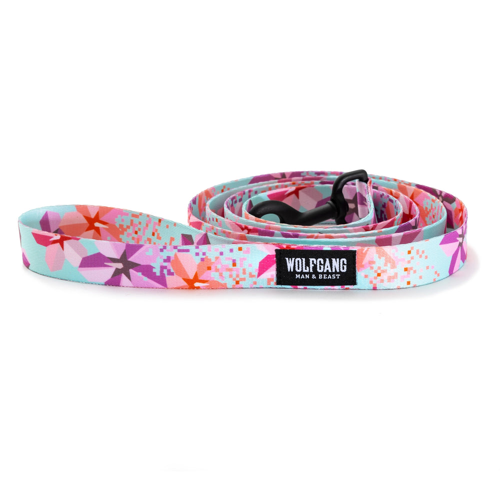 Coiled Wolfgang DigiFloral Dog Leash, Pink and Blue in a white background