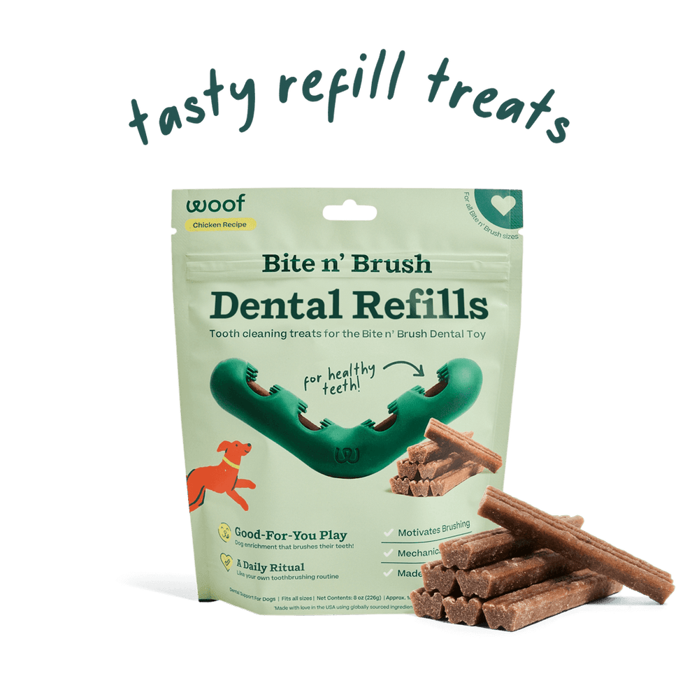 Woof Bite N Brush Dental Refills 18 Pack front of bag. 