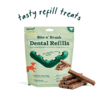 Woof Bite N Brush Dental Refills 18 Pack front of bag. 