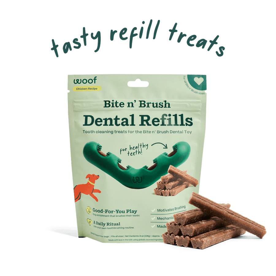 Woof Bite N Brush Dental Refills 18 Pack front of bag. 