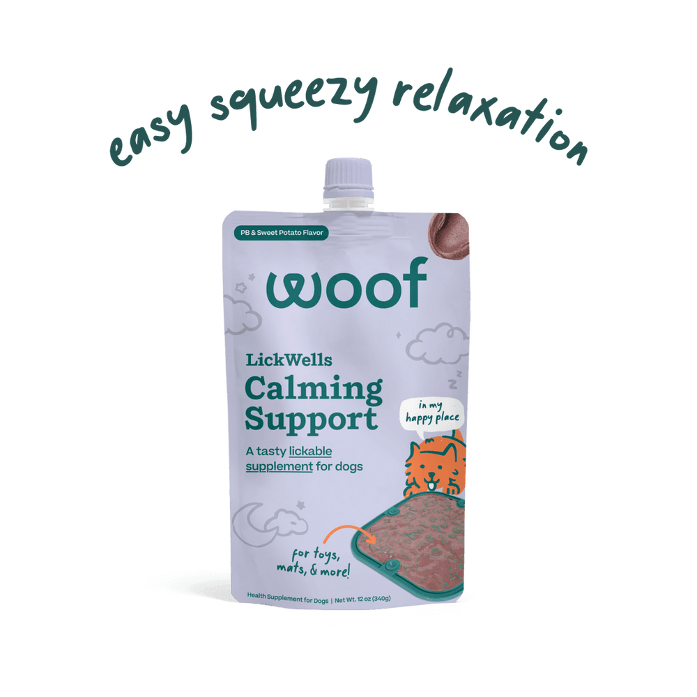 Woof Lickwells Calming Support Lickable Dog Treat Pouch front. 