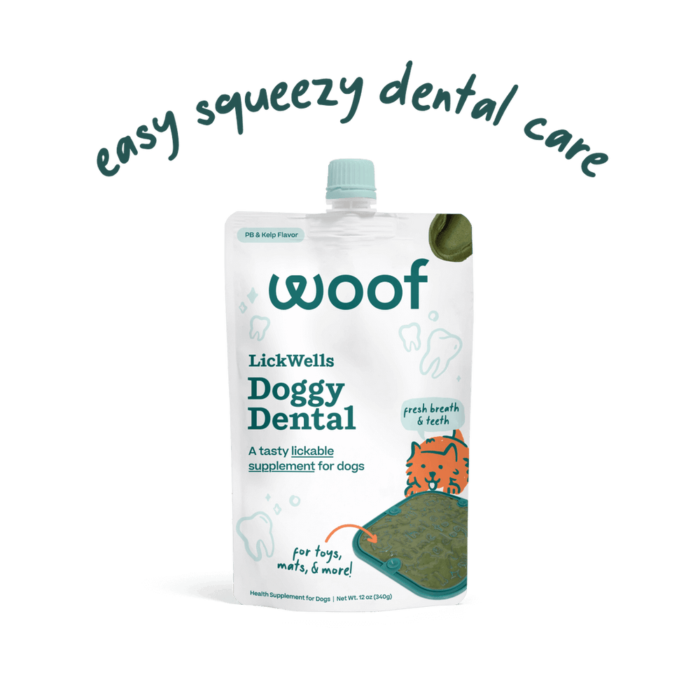 Woof Lickwells Doggy Dental Lickable Dog Treat Pouch front. 