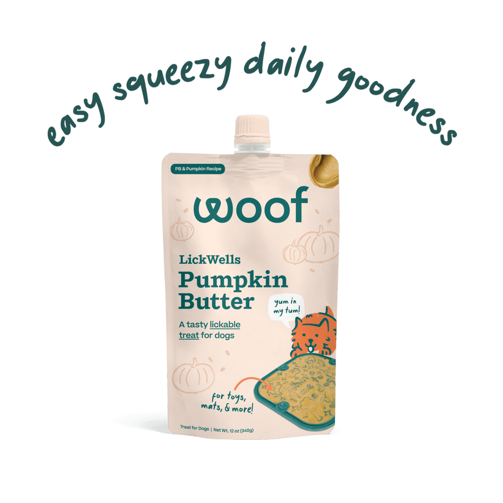 Woof Lickwells Pumpkin Butter Lickable Dog Treat Pouch front. 