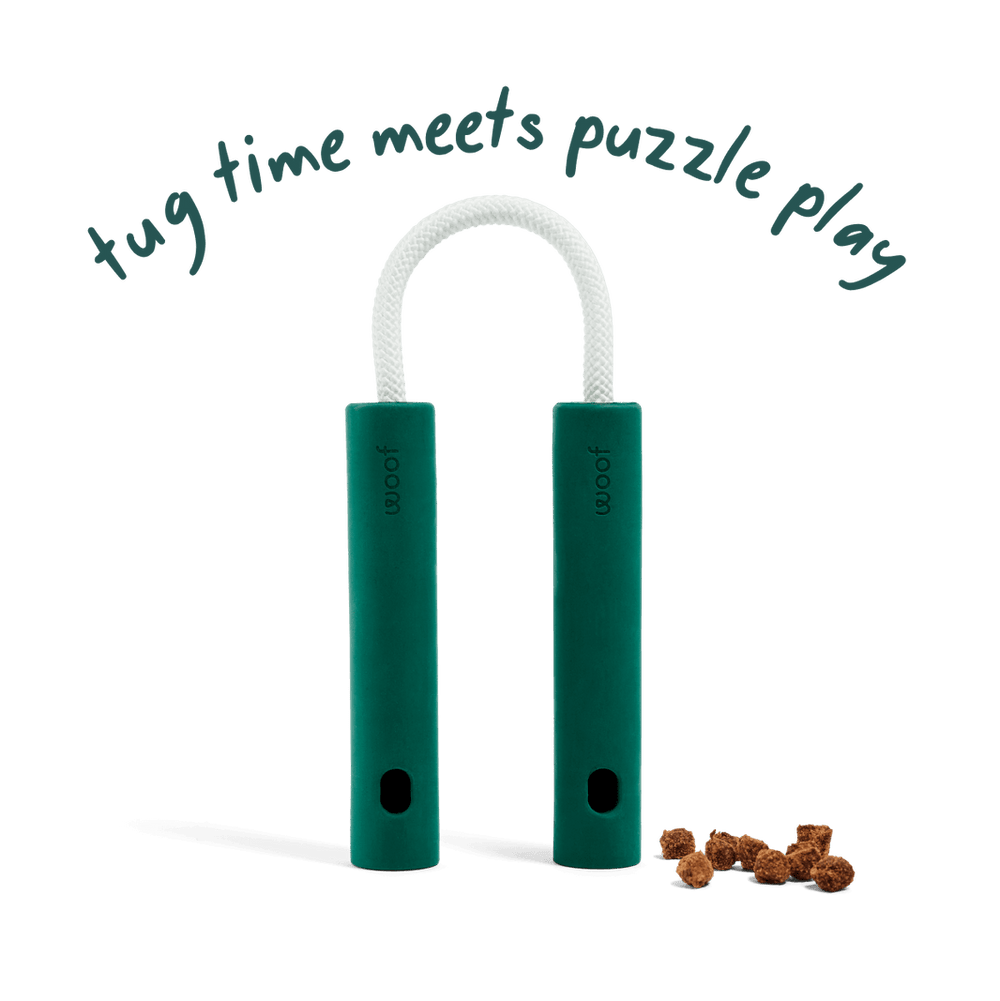 Woof Nomchuck Tug Toy and Treat Puzzle Dog Toy. 