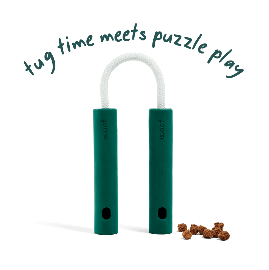 Woof Nomchuck Tug Toy and Treat Puzzle Dog Toy. 