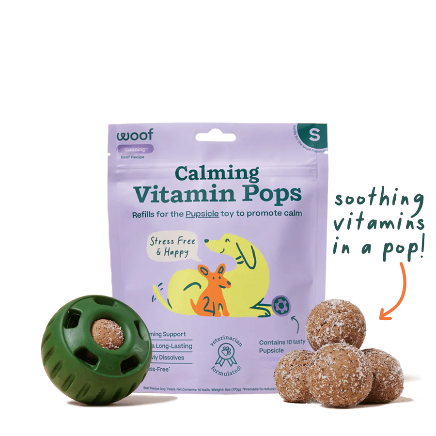 Woof Pupsicle Pops Calming Recipe Dog Treat and re-usable chewer, sotthing vitamins in a pop