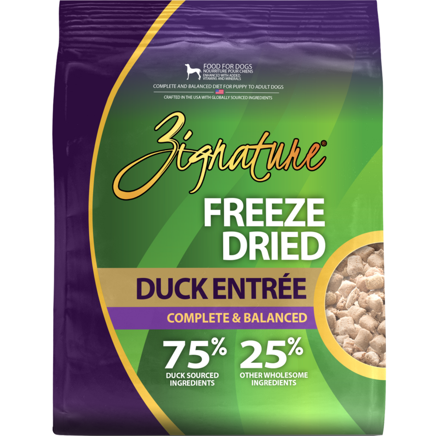 Zignature Freeze Dried Duck Entree Dog Food front of bag. 