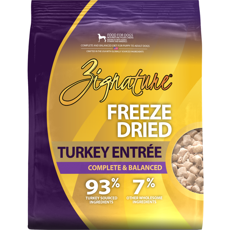 Zignature Freeze Dried Turkey Entree Dog Food front of bag. 
